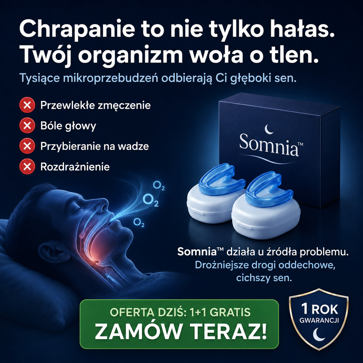1+1 GRATIS DZIŚ | Somnia™ – ustnik przeciw chrapaniu, który pomaga oddychać swobodniej i spać spokojniej | 30 nocy próby