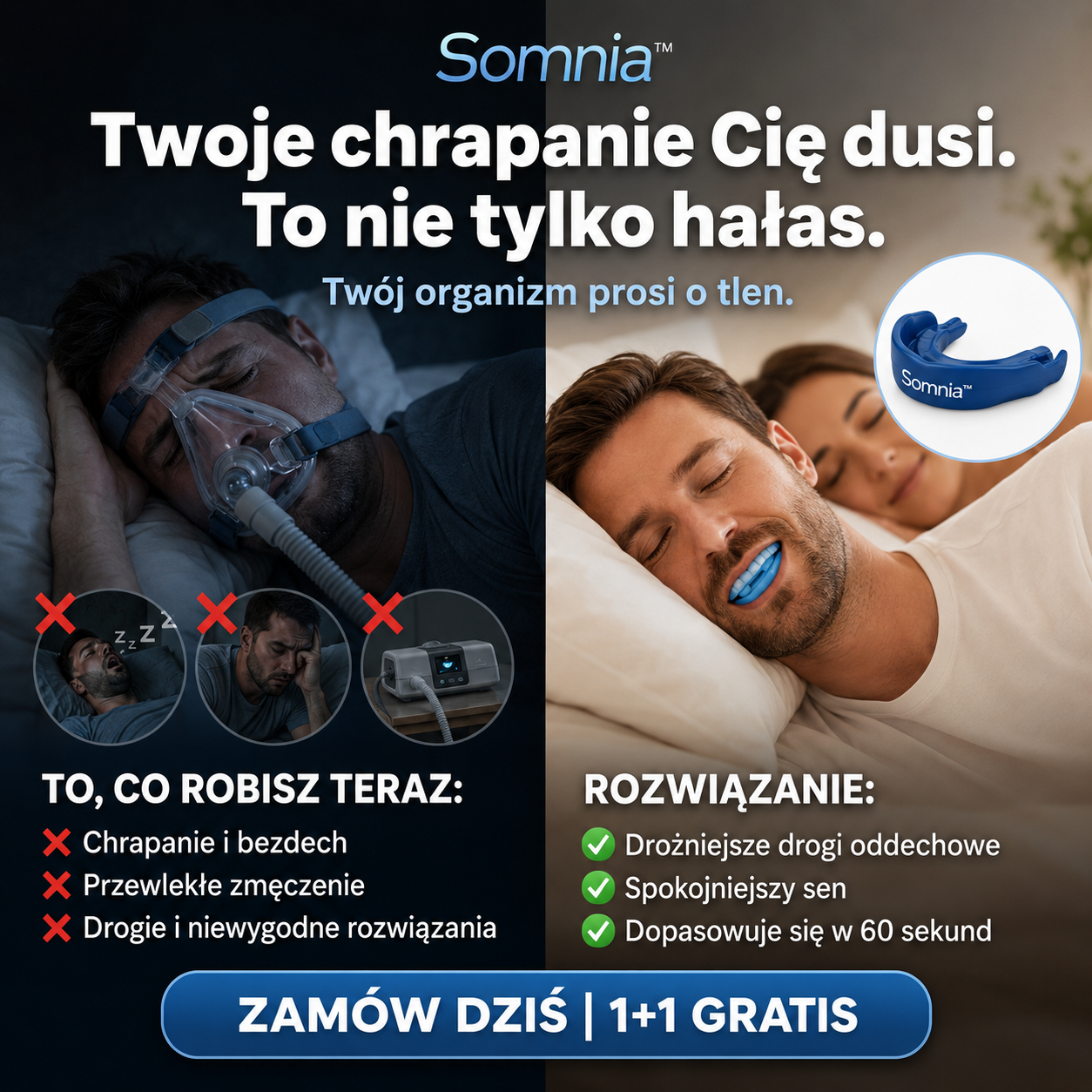 1+1 GRATIS DZIŚ | Somnia™ – ustnik przeciw chrapaniu, który pomaga oddychać swobodniej i spać spokojniej | 30 nocy próby