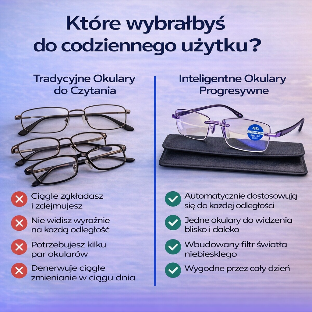 Inteligentne Okulary Progresywne Ray™ (Wyraźne widzenie z bliska, na średnią odległość i z daleka w jednej parze okularów) Bez recepty | Skórzane etui w zestawie | 30 dni gwarantowanego testu