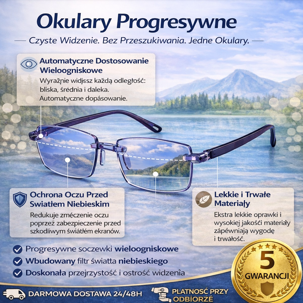 Jedyne Inteligentne Okulary Samoregulujące Ray™ (Wyraźne widzenie z bliska, odległości pośrednich i z daleka w jednej parze) | Ochrona przed światłem niebieskim i promieniami UV + Skórzane etui GRATIS | 30-dniowy okres próbny z gwarancją