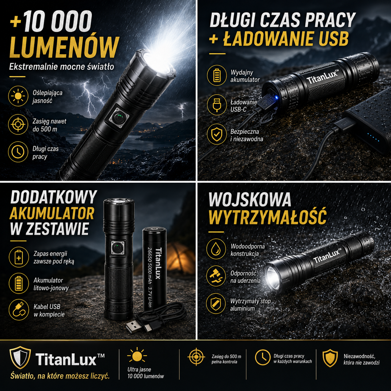 TitanLux™ – profesjonalny zestaw taktycznej latarki LED | Supermocne światło o dalekim zasięgu do awarii prądu, samochodu, campingu, wędkowania, trekkingu i domu