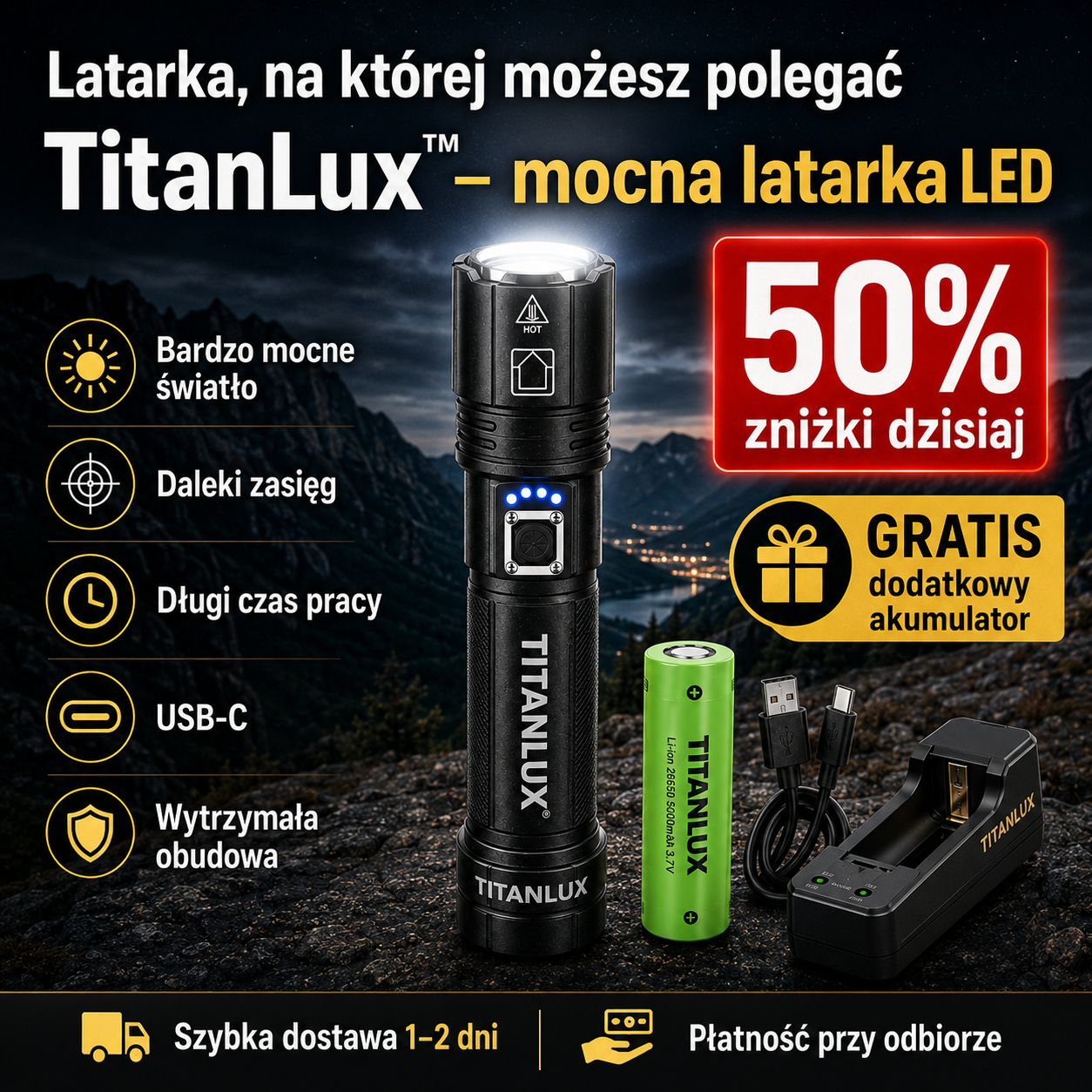 TitanLux™ – profesjonalny zestaw taktycznej latarki LED | Supermocne światło o dalekim zasięgu do awarii prądu, samochodu, campingu, wędkowania, trekkingu i domu