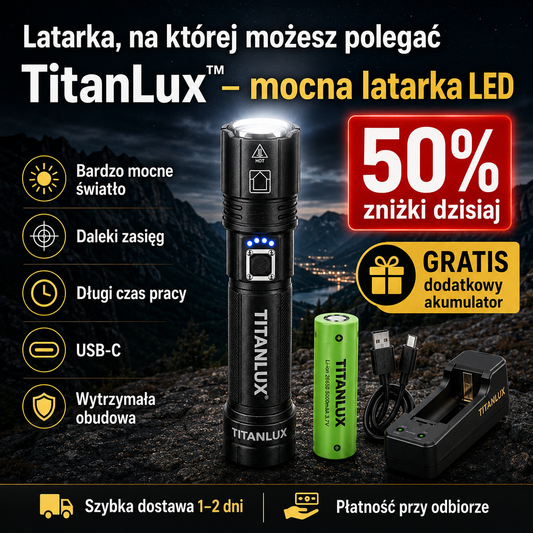 TitanLux™ – profesjonalny zestaw taktycznej latarki LED | Supermocne światło o dalekim zasięgu do awarii prądu, samochodu, campingu, wędkowania, trekkingu i domu