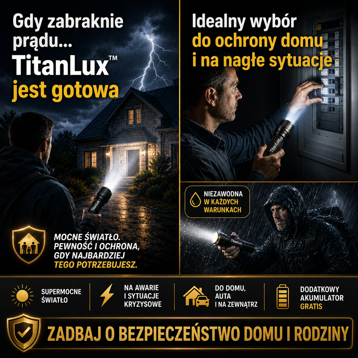 TitanLux™ – profesjonalny zestaw taktycznej latarki LED | Supermocne światło o dalekim zasięgu do awarii prądu, samochodu, campingu, wędkowania, trekkingu i domu