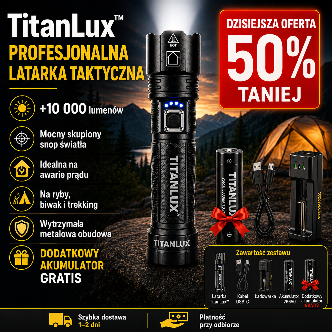 TitanLux™ – profesjonalny zestaw taktycznej latarki LED | Supermocne światło o dalekim zasięgu do awarii prądu, samochodu, campingu, wędkowania, trekkingu i domu