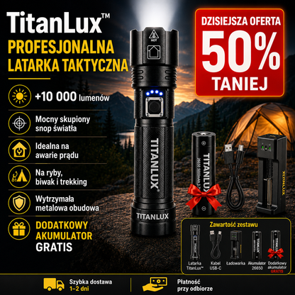 TitanLux™ – profesjonalny zestaw taktycznej latarki LED | Supermocne światło o dalekim zasięgu do awarii prądu, samochodu, campingu, wędkowania, trekkingu i domu