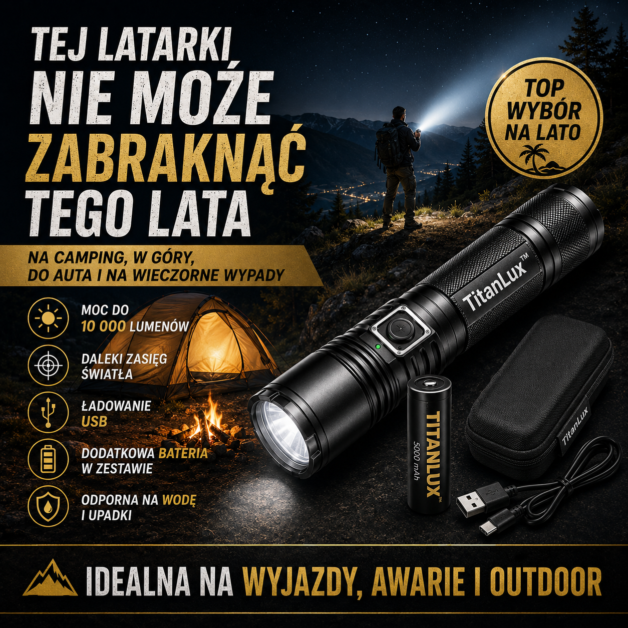 TitanLux™ – profesjonalny zestaw taktycznej latarki LED | Supermocne światło o dalekim zasięgu do awarii prądu, samochodu, campingu, wędkowania, trekkingu i domu