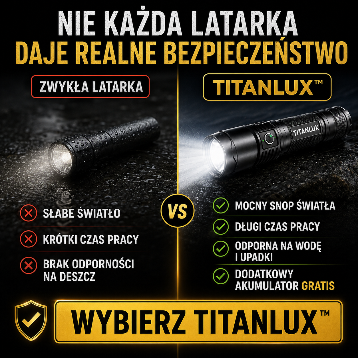 TitanLux™ – profesjonalny zestaw taktycznej latarki LED | Supermocne światło o dalekim zasięgu do awarii prądu, samochodu, campingu, wędkowania, trekkingu i domu