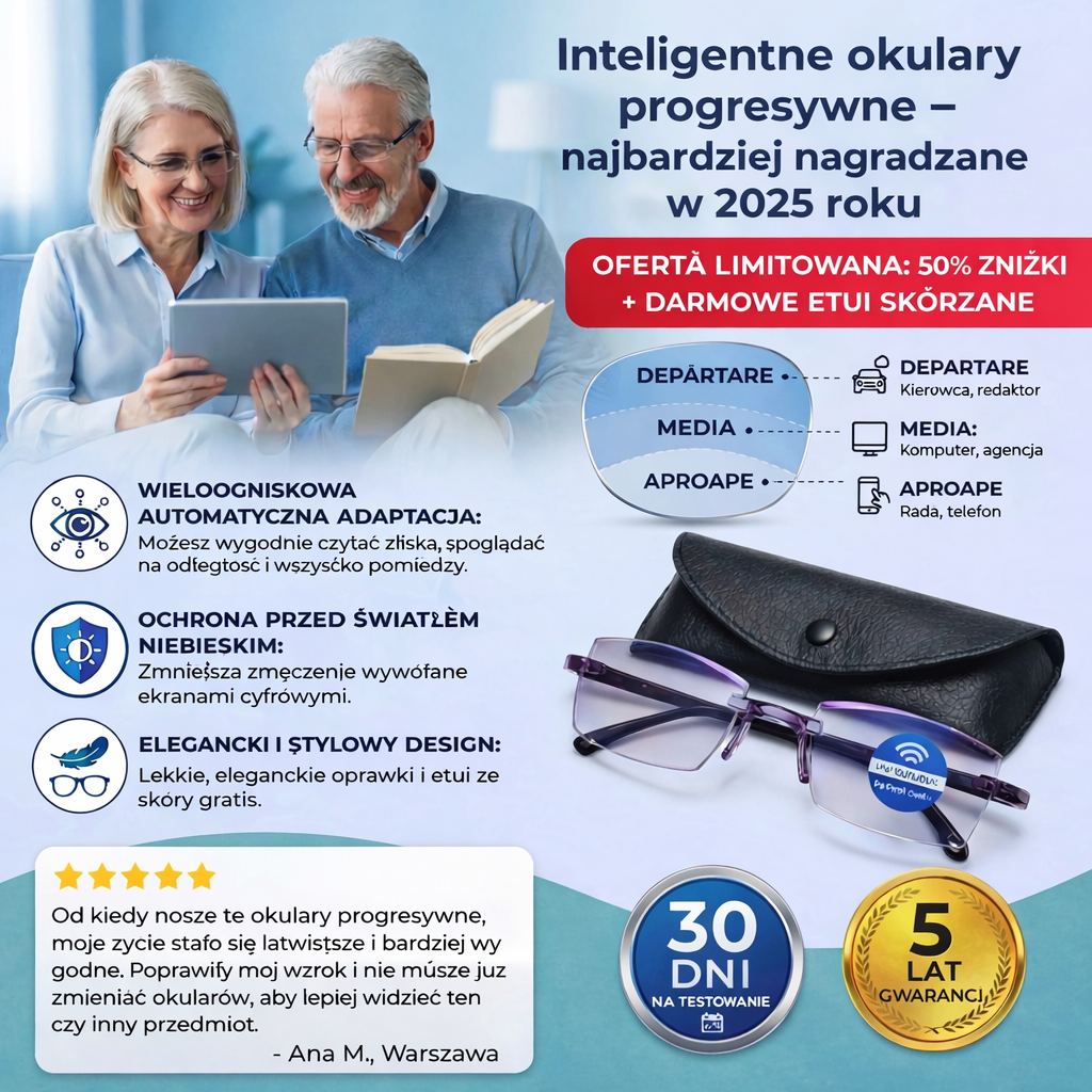 Inteligentne Okulary Progresywne Ray™ (Wyraźne widzenie z bliska, na średnią odległość i z daleka w jednej parze okularów) Bez recepty | Skórzane etui w zestawie | 30 dni gwarantowanego testu